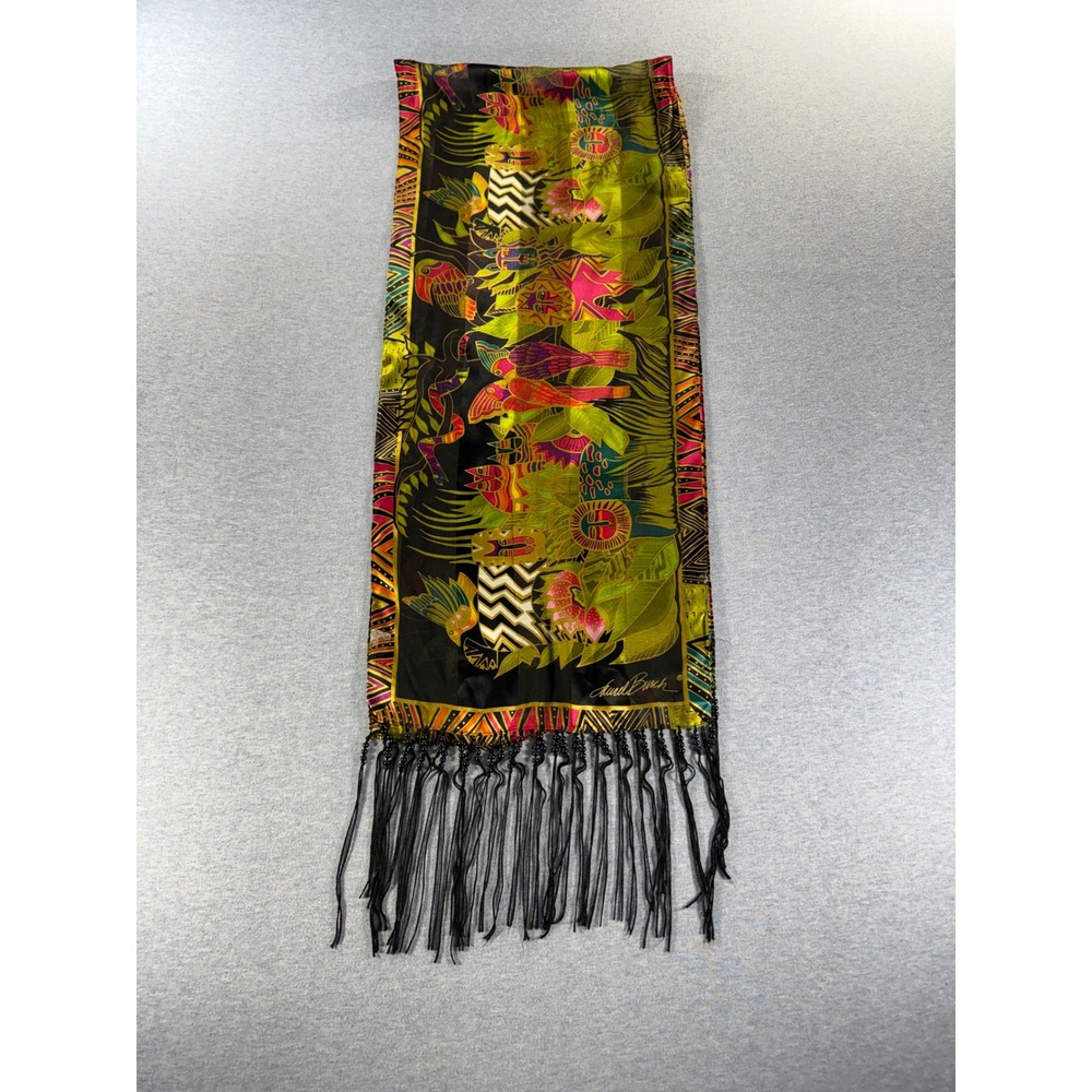 Vintage Laurel Burch Silk Scarf Tropical Jungle Cats Birds Beaded Fringe Black